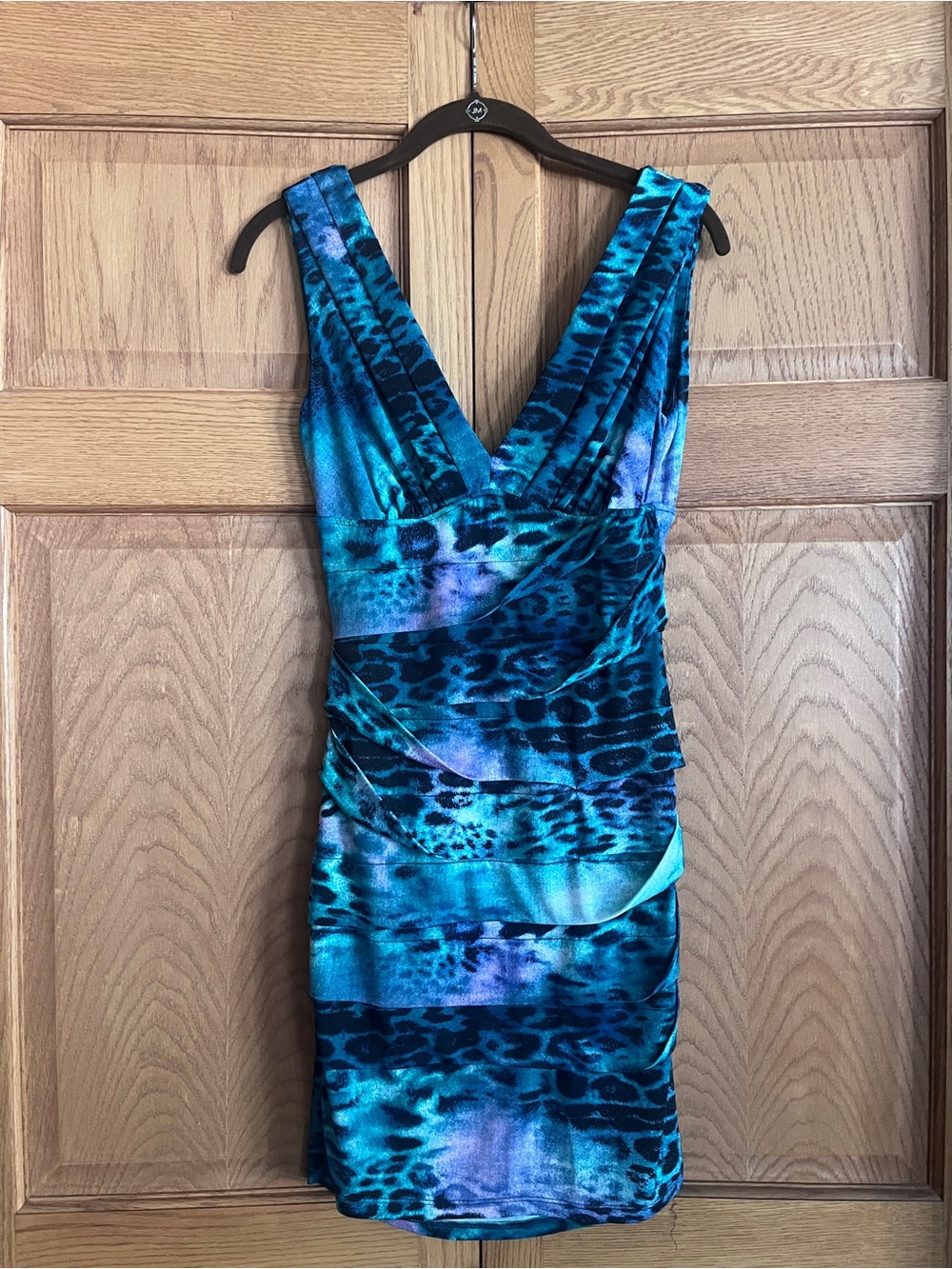 Charlotte Russe Teal and Blue Animal-Print V-Neck Bodycon Dress